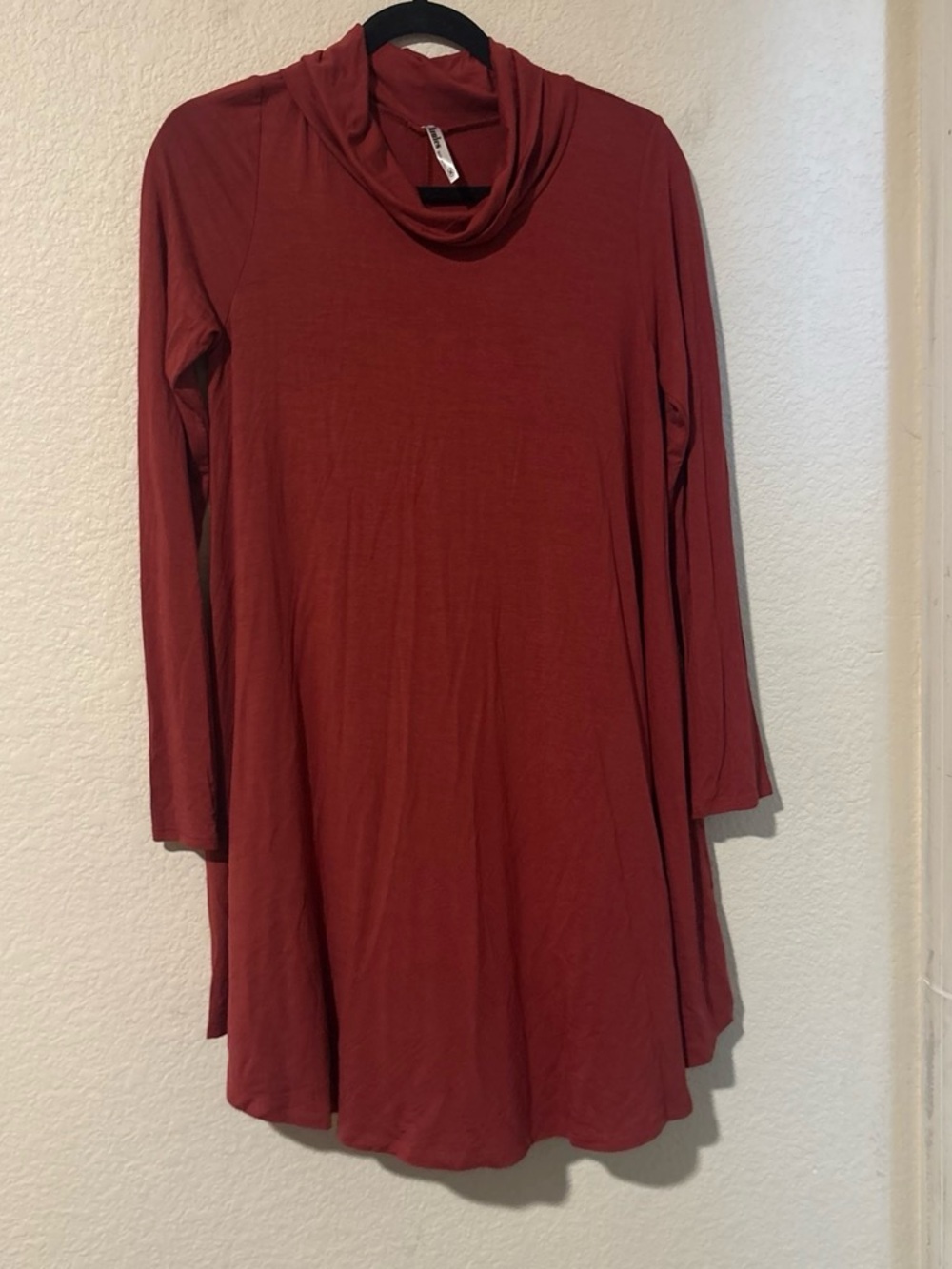 Azules Rust Red Long Sleeve Cowl Neck Swing Dress